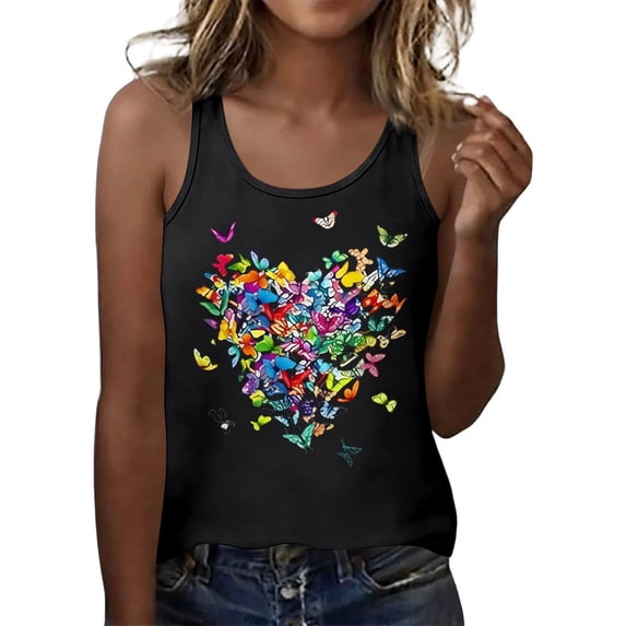xfsWaSs Womens Tank Tops Summer Fashion Butterfly Print Round Neck Tank Top Sleeveless T Shirts Casual Basic Tunic Shirts For Ladies Beach Vacation Clothes