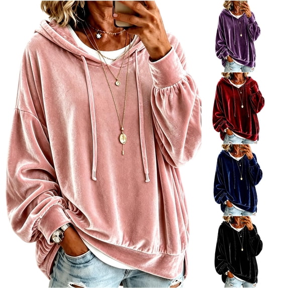 xfsWaSs Womens Velvet Hoodie Sweatshirts Cozy Relaxed Fit Long Sleeve Pullover Tops Fashion Casual Hoodies Solid Color Fall Winter Clothes