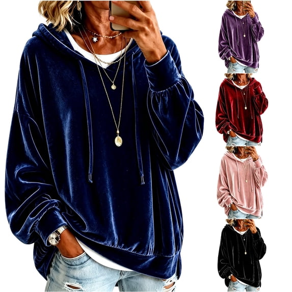 xfsWaSs Womens Velvet Hoodie Sweatshirts Cozy Relaxed Fit Long Sleeve Pullover Tops Fashion Casual Hoodies Solid Color Fall Winter Clothes