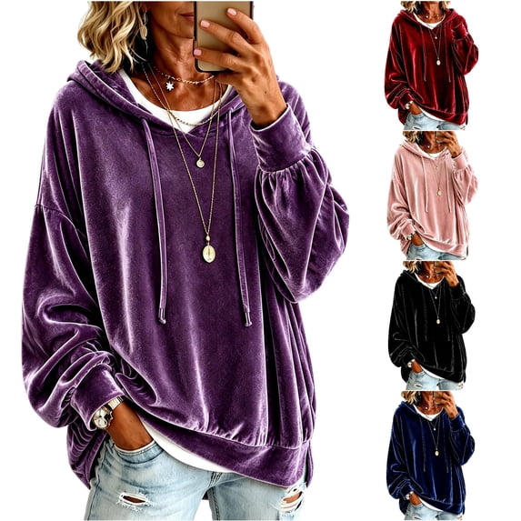 xfsWaSs Womens Velvet Hoodie Sweatshirts Cozy Relaxed Fit Long Sleeve Pullover Tops Fashion Casual Hoodies Solid Color Fall Winter Clothes