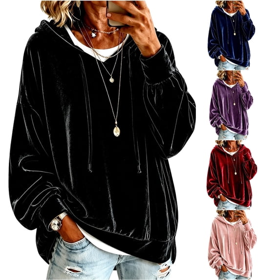 xfsWaSs Womens Velvet Hoodie Sweatshirts Cozy Relaxed Fit Long Sleeve Pullover Tops Fashion Casual Hoodies Solid Color Fall Winter Clothes
