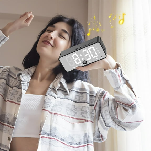 xgfhyjeh Portable Wireless Bluetooth Speaker, Waterproof Mirror Sound, Clock Alarm, Speaker With A-I Voice Prompt, Human Sensing Mode, Dual Alarm For Waking Up