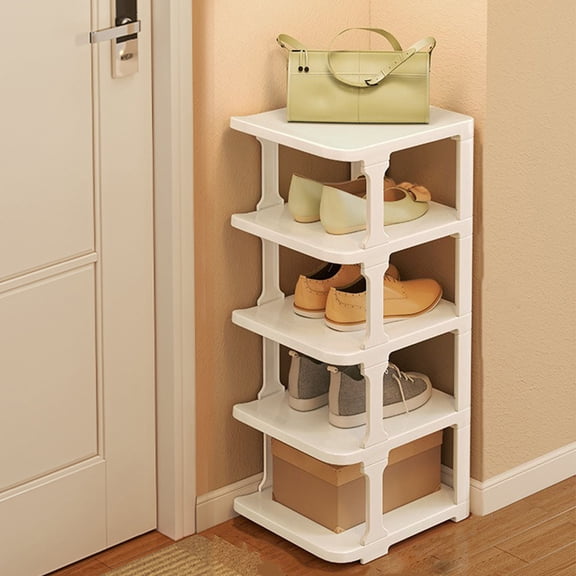 xgfhyjeh Vertical Shoe Rack Organizer, 5 Tier Small Stackable Shoes Storage Stand for Entryway & Closet, Modern Free Standing Narrow Sturdy Corner Shoe Tower, Skinny Boot Storage Shelf