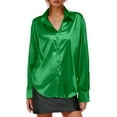 thumbnail image 1 of xia,Satin Long Sleeve Shirts for Women,Womens Plus Size Loose Fit Button down Blouses,Women's V Neck Lapel Collared Loose Fit Irregular Hem Tops Green1 L, 1 of 4