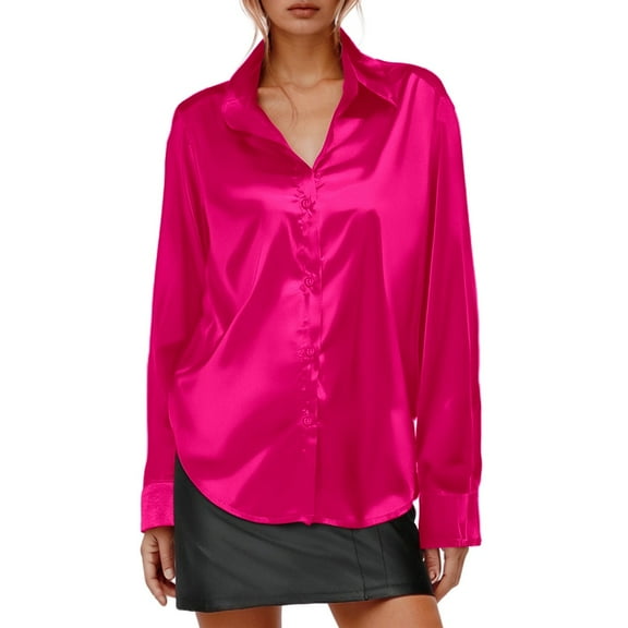 xia,Satin Long Sleeve Shirts for Women,Womens Plus Size Loose Fit Button down Blouses,Women's V Neck Lapel Collared Loose Fit Irregular Hem Tops Hot Pink1 S