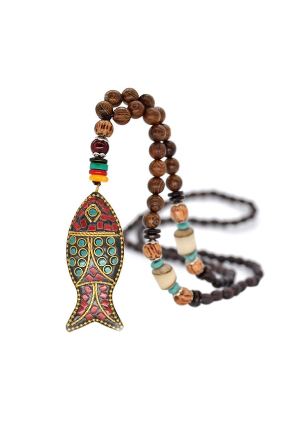 xiangDd Nepal Buddhist Mala Bead Pendant Necklace Ethnic Horn Fish Long Jewelry