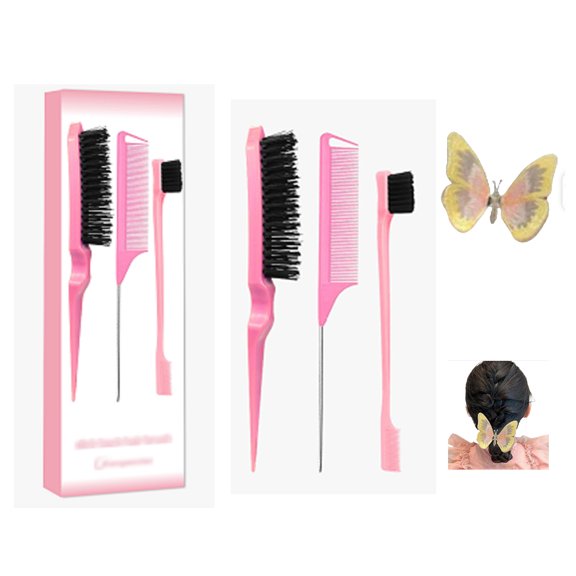 xiangwenlan Pink Comb Set 3 piece, Slick Back Brush with Edge Brush, styling comb for kids for middle part,Rat Tail Comb, Teasing Brush Set for Smoothing brush Baby Hair