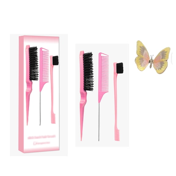xiangwenlan Pink Comb Set 3 piece, Slick Back Brush with Edge Brush, styling comb for kids for middle part,Rat Tail Comb, Teasing Brush Set for Smoothing brush Baby Hair