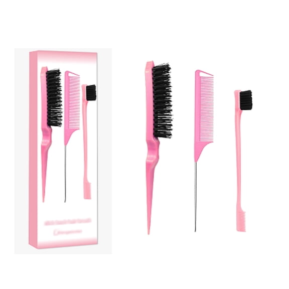 xiangwenlan Pink Comb Set 3 piece, Slick Back Brush with Edge Brush, styling comb for kids for middle part,Rat Tail Comb, Teasing Brush Set for Smoothing brush Baby Hair