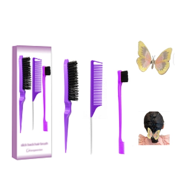 xiangwenlan Purple Comb Set 3 piece, Slick Back Brush with Edge Brush, styling comb for kids for middle part,Rat Tail Comb, Teasing Brush Set for Smoothing brush Baby Hair
