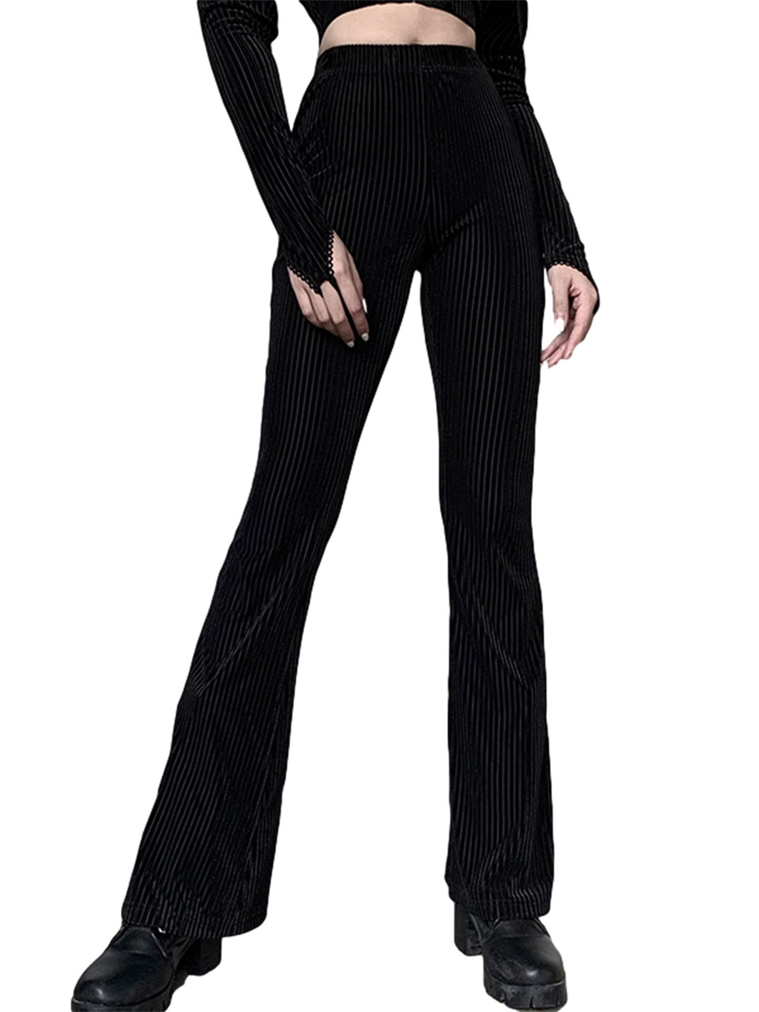 xingqing Bootcut Pants for Women Vintage High Waisted Corduroy Flare Pants  Work Office Ribbed Loose Trousers Black L 