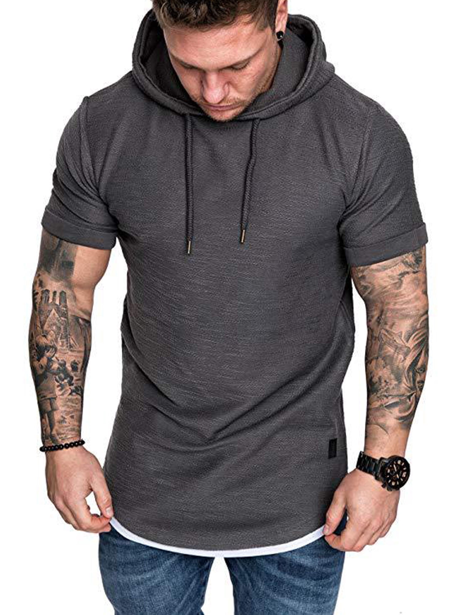 xingqing Mens Hipster Hooded Hip Hop Workout Short Sleeve Pullover Gym Sweatshirts Fitted Shirts Dark gray L
