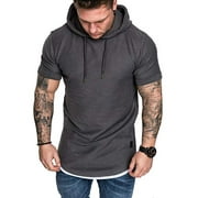 xingqing Mens Hipster Hooded Hip Hop Workout Short Sleeve Pullover Gym Sweatshirts Fitted Shirts Dark gray XL