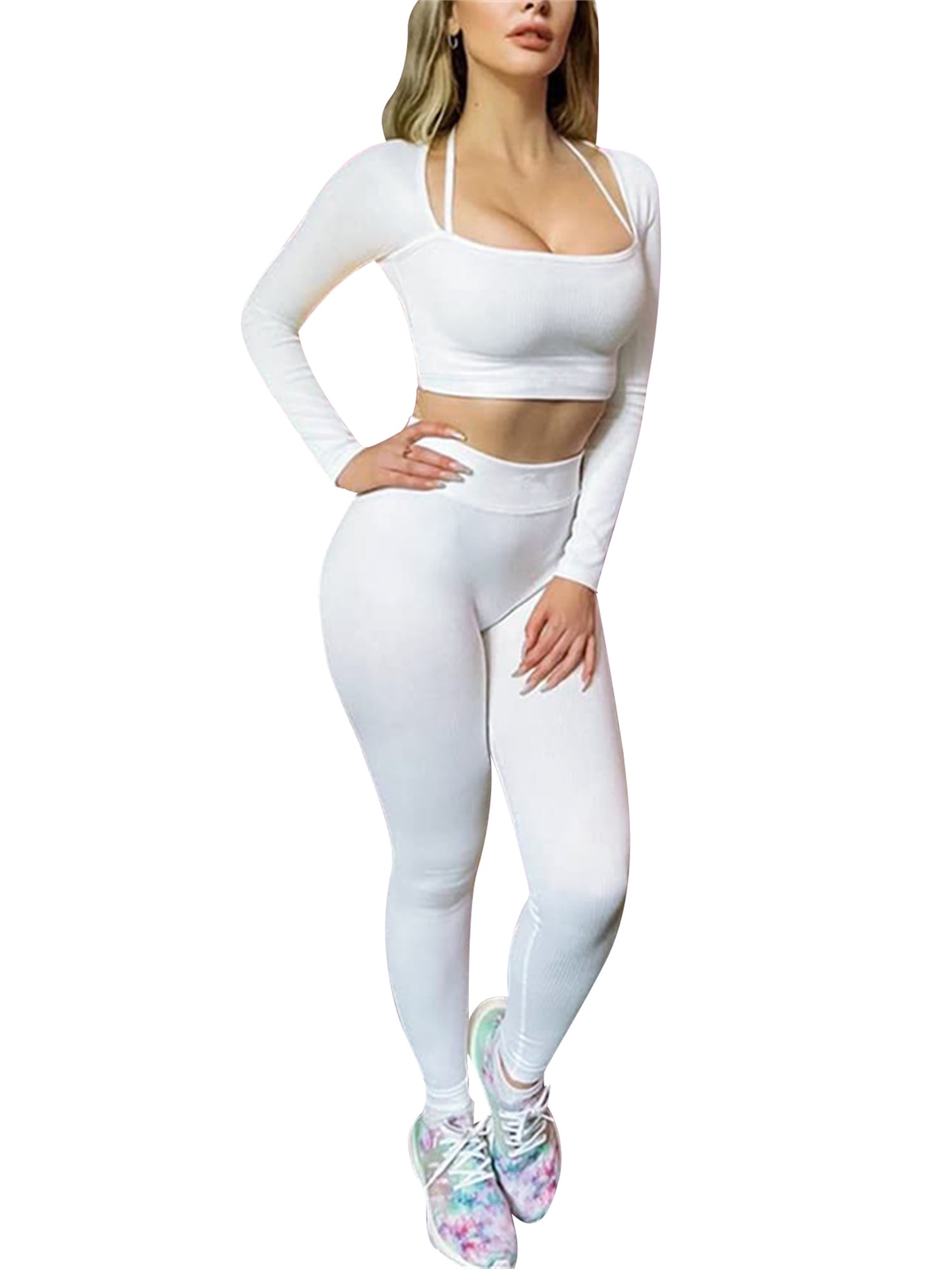 xingqing Seamless Workout Outfits for Women 2 Piece Ribbed Long Sleeve Crop  Top Tummy Control Leggings Sets Creamy L 