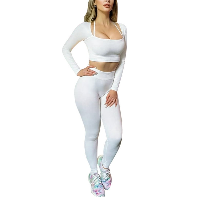 xingqing Seamless Workout Outfits for Women 2 Piece Ribbed Long Sleeve Crop  Top Tummy Control Leggings Sets Creamy L