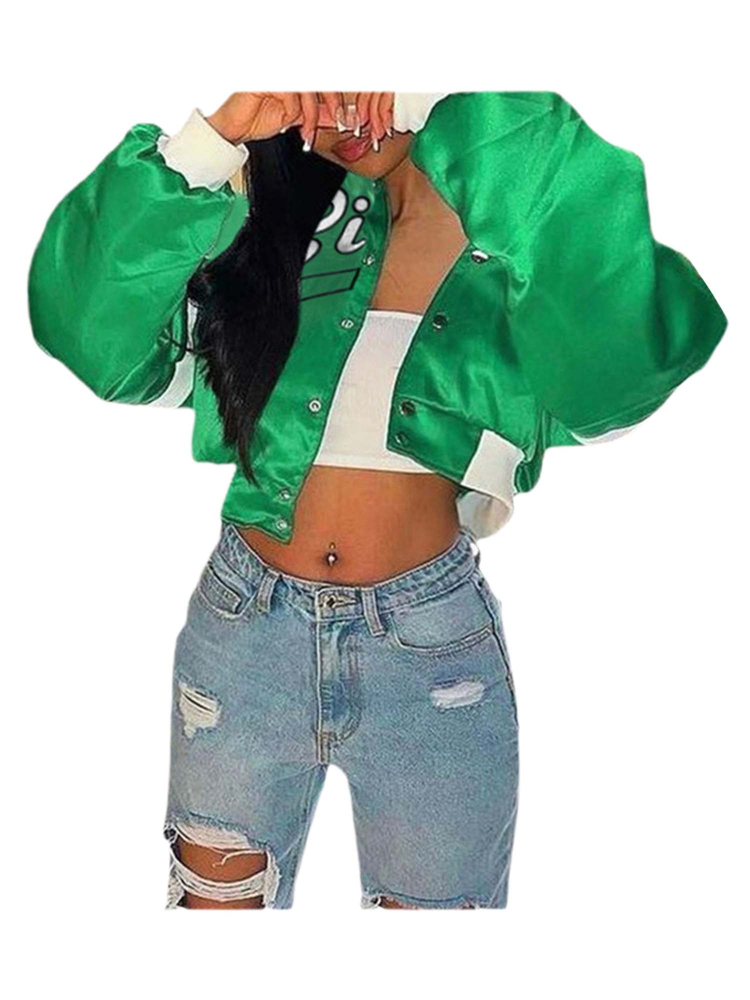 Sunisery Women Varsity Baseball Jackets Faux Leather Long Sleeve Zip Up Cropped Bomber Jacket Coat Aesthetic Jackets Top Green M, Women's, Size