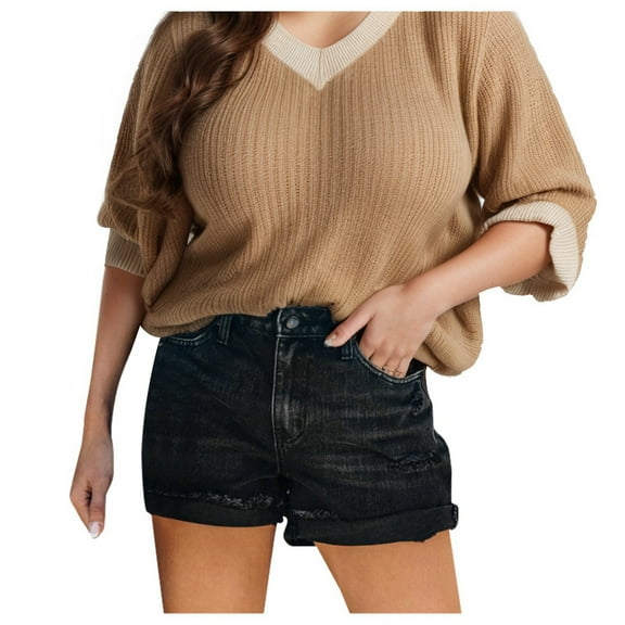xingwang Clearance Plus Size Jean Shorts for Women High Waisted,Women's Distressed Denim Shorts Women's Edge A Line Hot Pants Black S