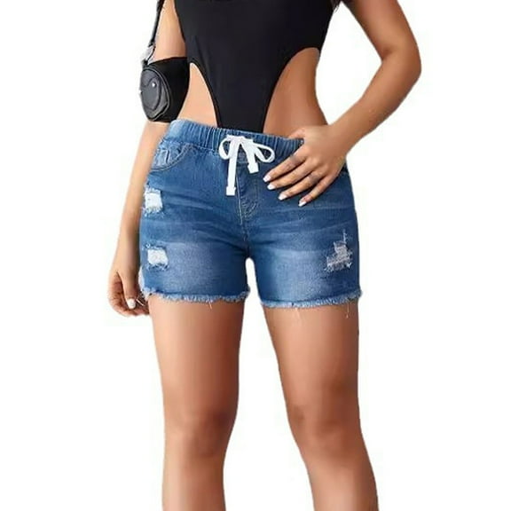 xingwang Clearance Plus Size Jean Shorts for Women High Waisted,Women's Elastic Waist With Holes Tassels Edges And Boundless Denim Shorts Blue XL