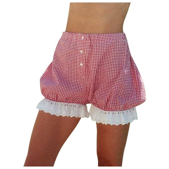 xingwang Clearance Plus Size Shorts for Women High Waisted,Ladies Sweet Plaid Shorts With Buttons And Lace Trim Fresh Home Shorts Red S