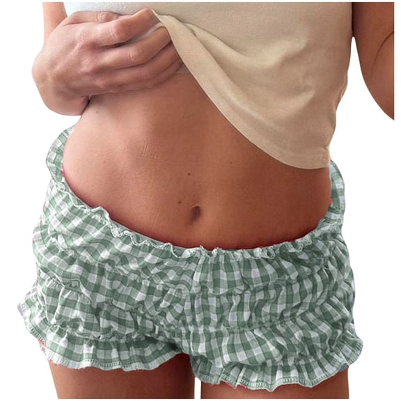 xingwang Clearance Plus Size Shorts for Women High Waisted,Women's Fashionable And Sexy Summer Plaid Pleated Lace Casual Shorts Green L