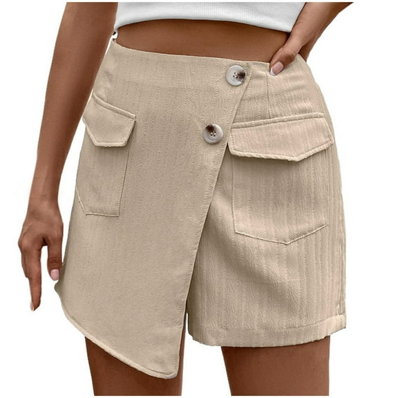 xingwang Clearance Plus Size Shorts for Women High Waisted,Women's Summer High Waist Short Pocket Solid Color Skirt Pants Beige XL