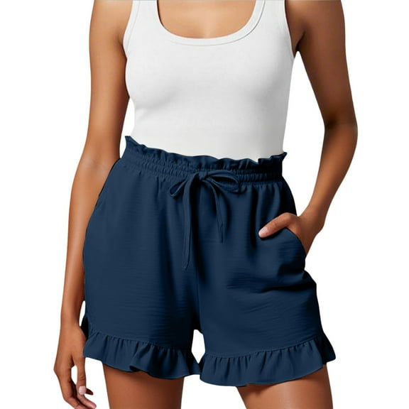 xingwang Clearance Shorts for Women High Waisted,plus size Shorts 2025 Summer Casual Cute Ruffle Shorts Comfy Elastic Waist Drawstring Pleated Short With Pockets Dark Blue XL