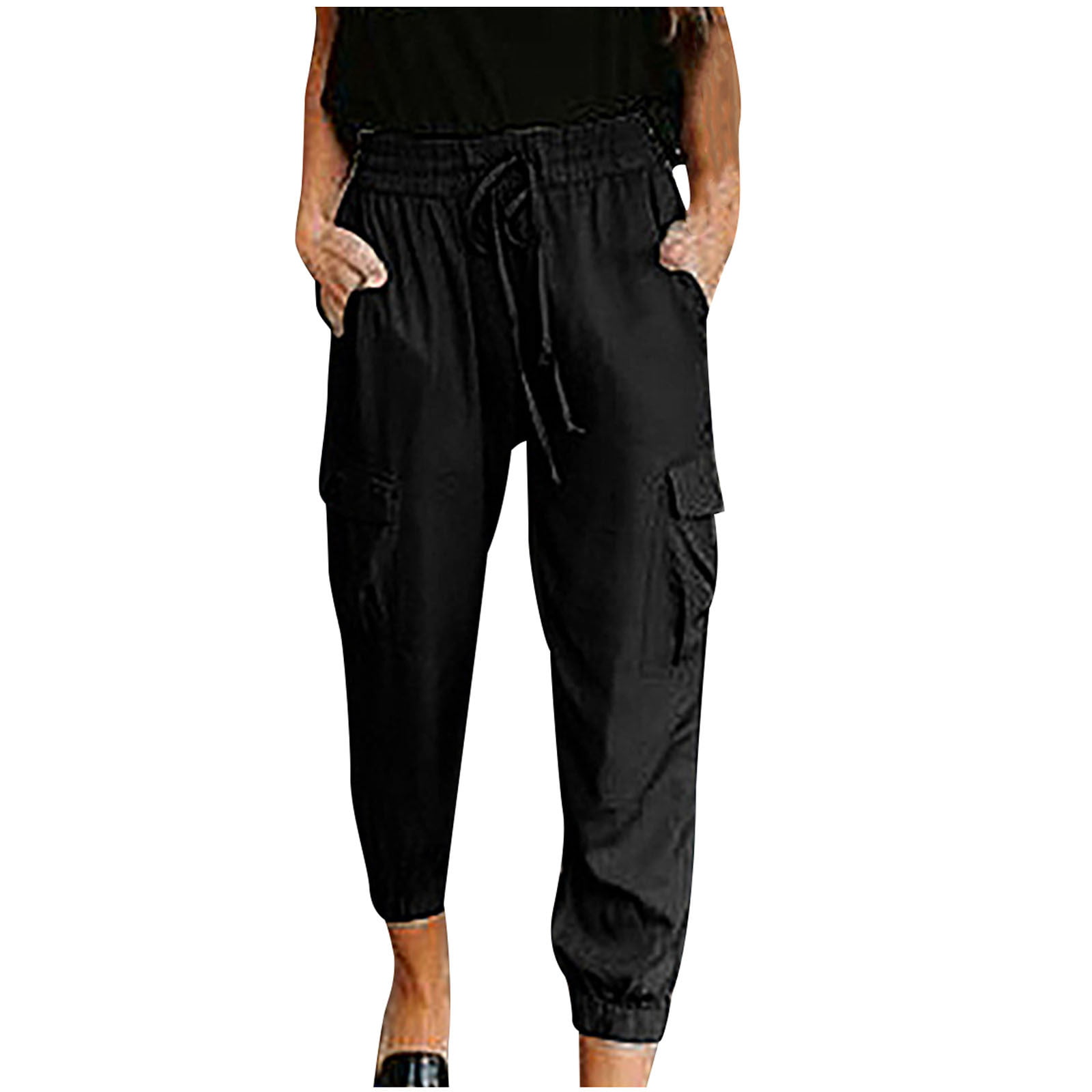 xinqinghao lounge pants fashion women plus size drawstring casual solid  elastic waist pocket loose pants cargo pants black xxl 