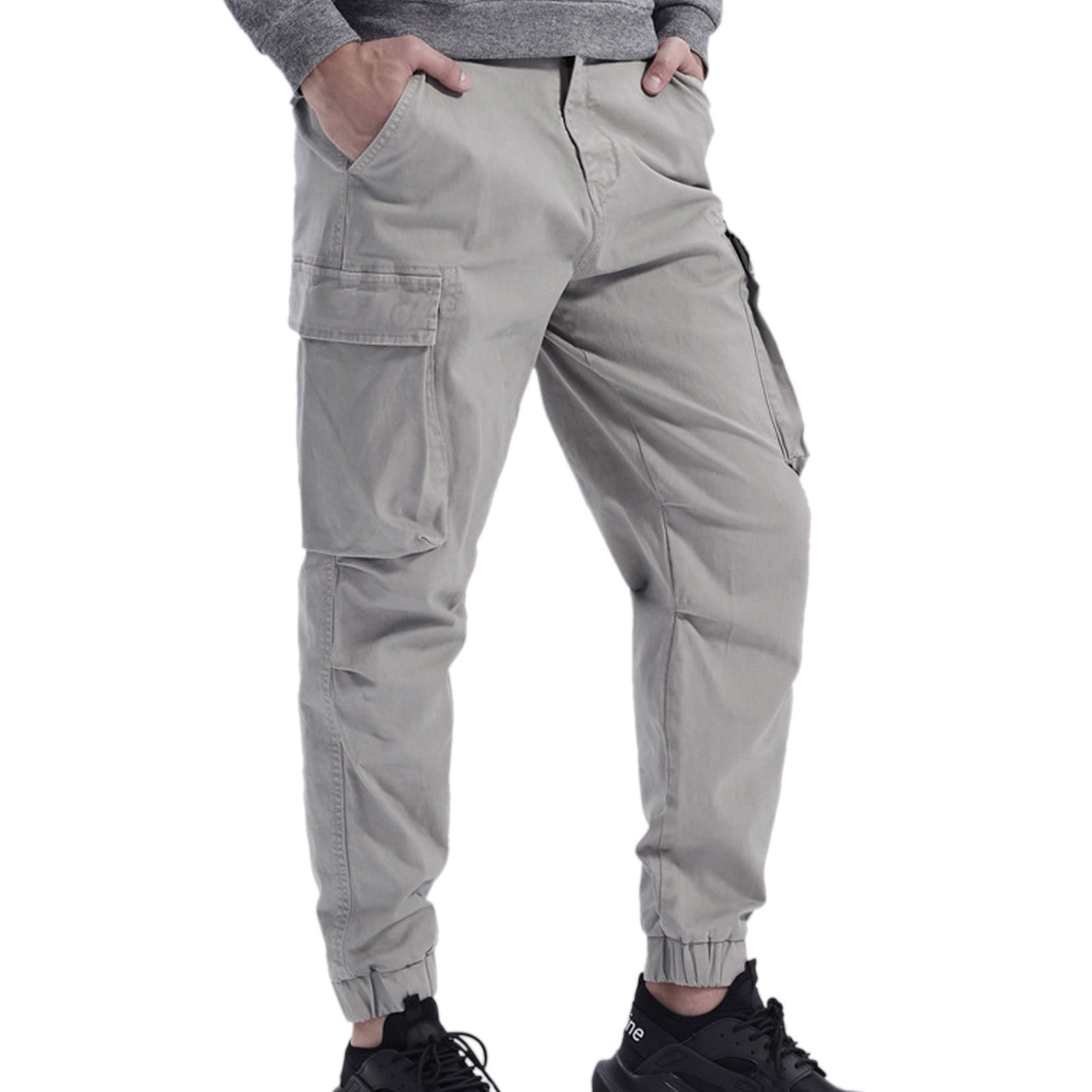 xinqinghao men pants casual men's mid-waist zip cargo pants relaxed fit  solid cargo trousers with multi-pocket baggy overalls gray 32 