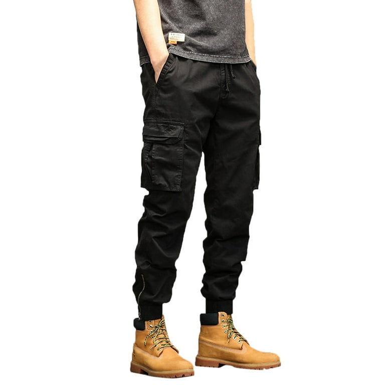 Black Cargo Pants Mens Fashion Casual Loose Cotton Plus Size Pocket Lace Up  Elastic Waist Pants Trousers