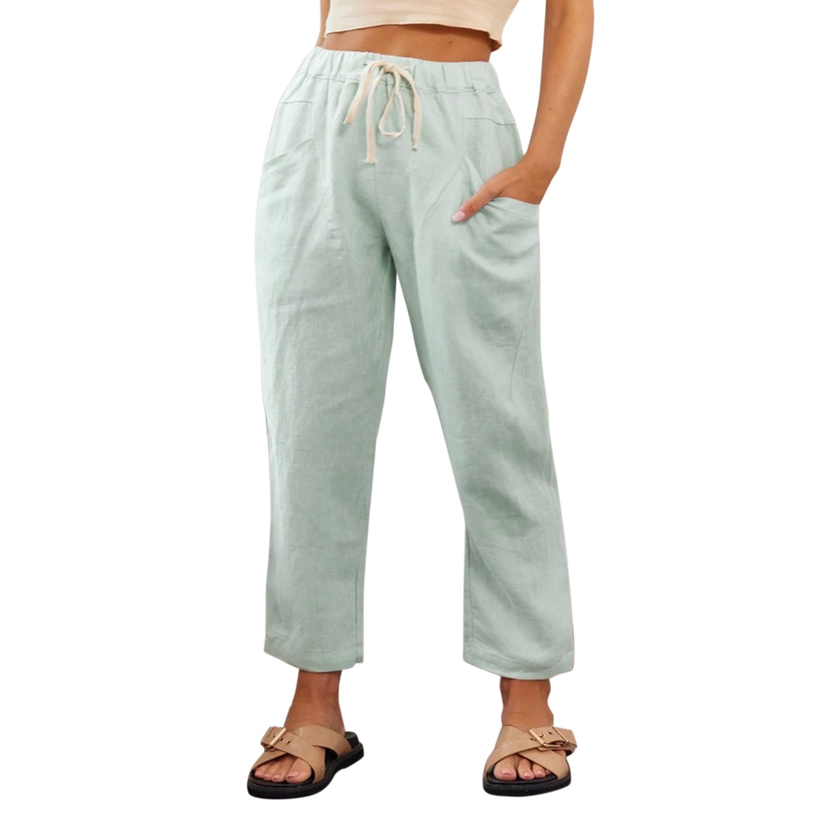 xinqinghao sweat pants women cotton linen long lounge pants high waist  drawstring loose fit casual trousers with pockets stretch pants light blue  s 