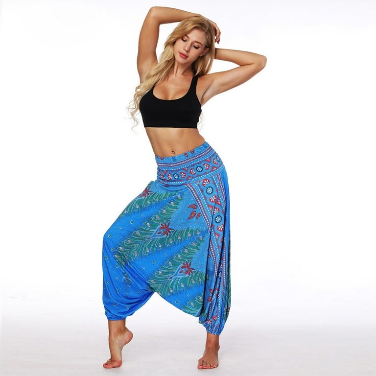 xinqinghao yoga pants women women casual summer loose yoga trousers baggy  boho aladdin jumpsuit harem pants yoga pants with pockets blue one size 