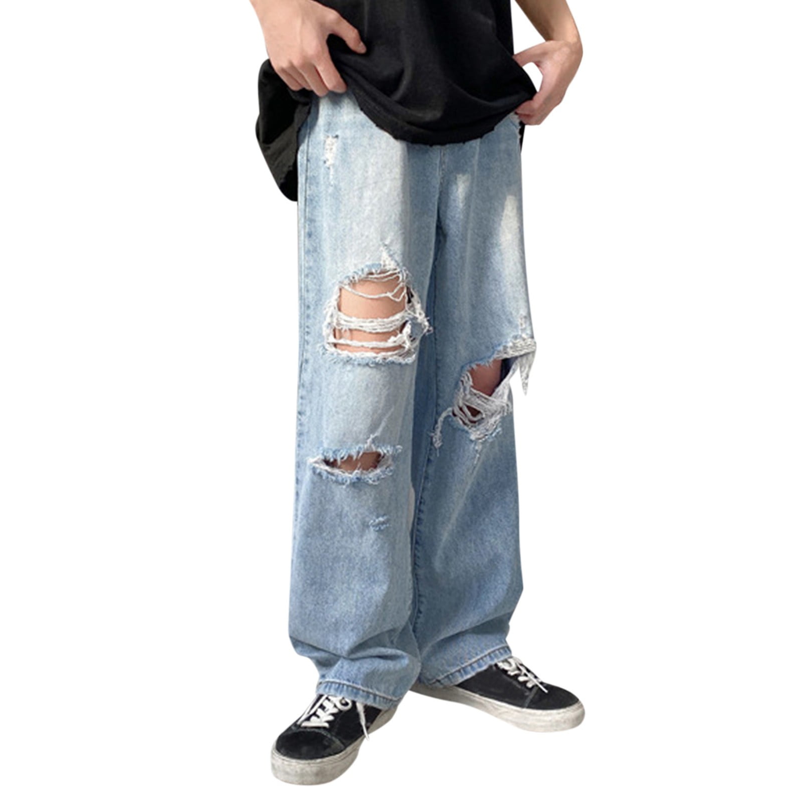 xiuh casual pants men's fashion plus-size loose jeans street wide leg  trousers pants baggy pants blue xxxl