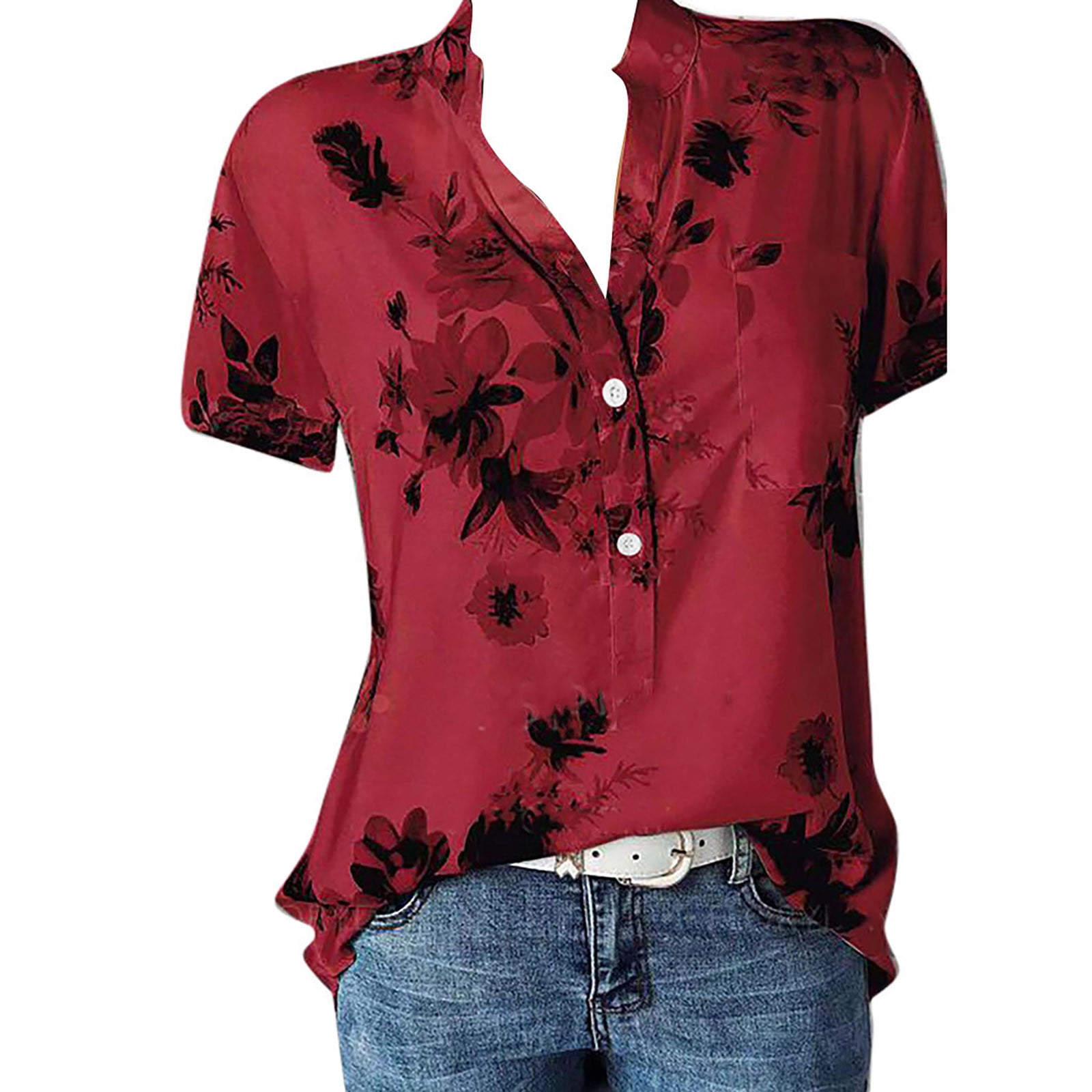 xiuh floral printing lapel neck blouse plus size women shirt pocket