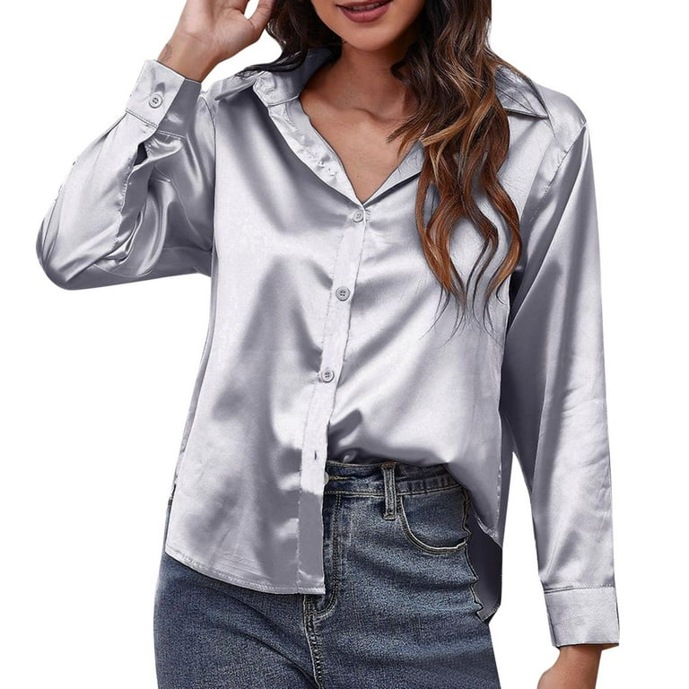 xiuh solid color lapel neck satin shirt women's satin long sleeved shirt  casual loose blouse leisure flowy shirts