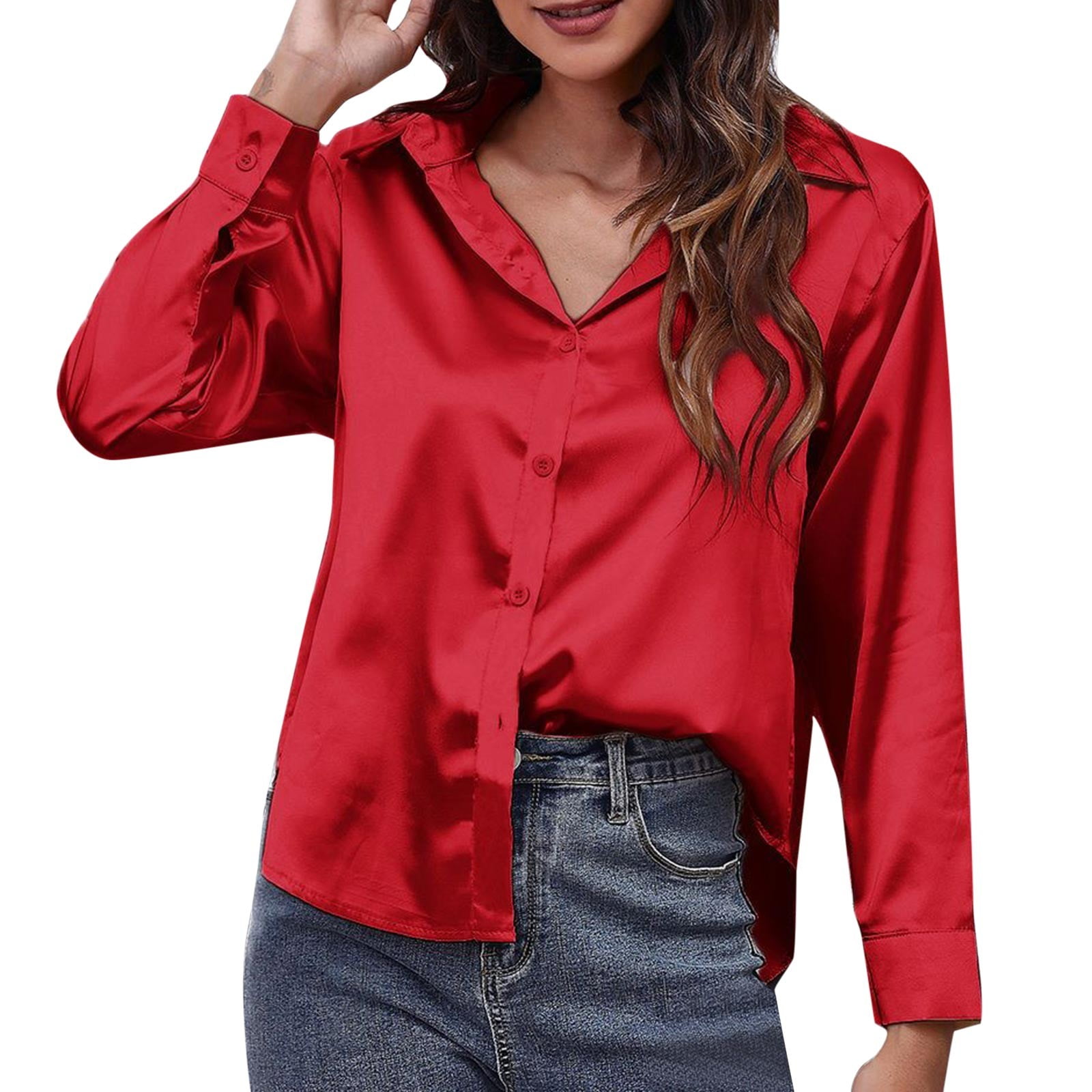 xiuh solid color lapel neck satin shirt women's satin long sleeved shirt  casual loose blouse leisure flowy shirts 