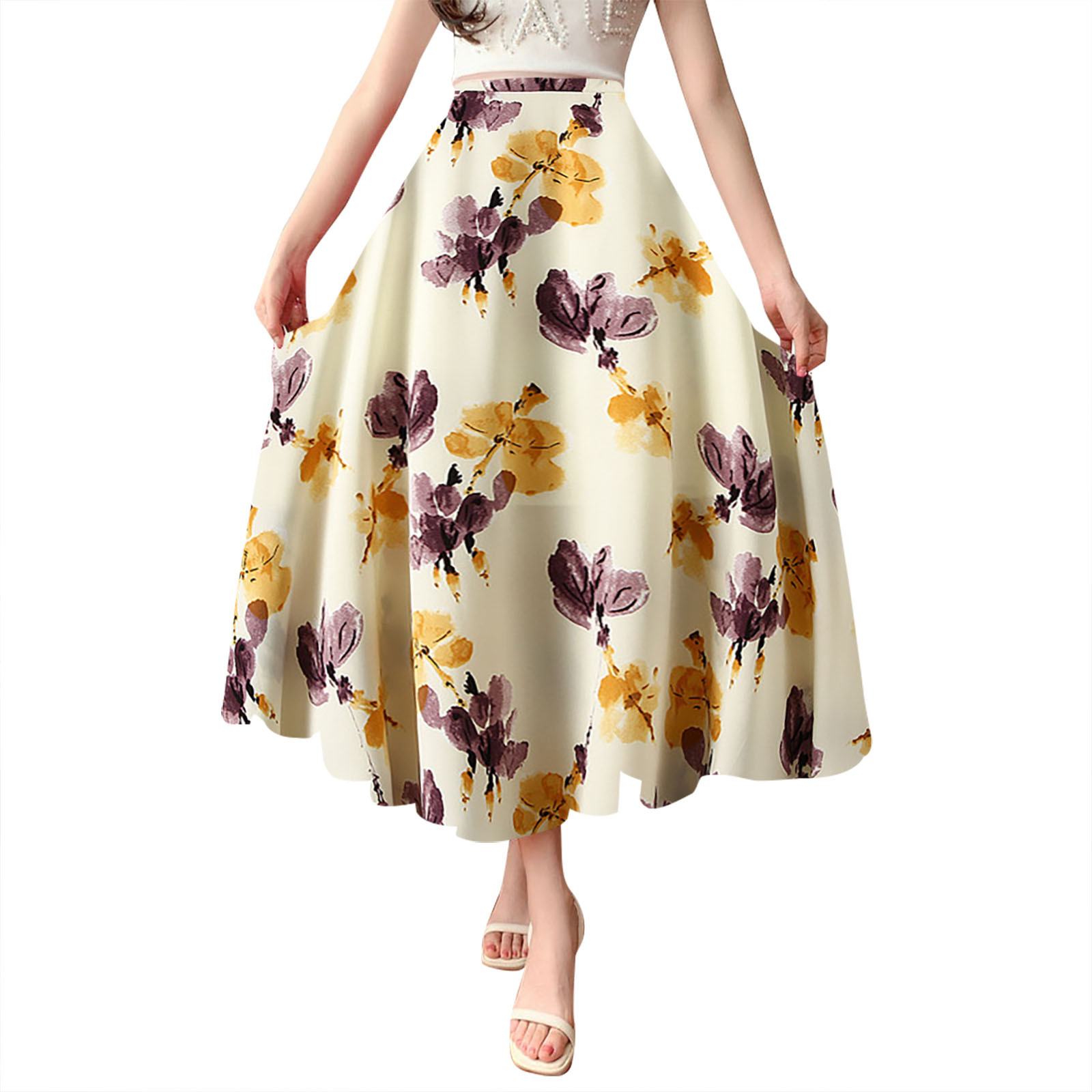 XIUH Women's Floral Print Ruffle Puffy Long Skirts High Waist Pleated ...