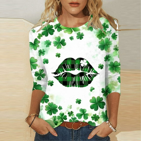 xixinqiwan Graphic Tees for Women 3/4 Sleeve Tshirts,Womens Cute Gnomes T-Shirt Shamrock Printed Shirts Long Sleeve Graphic Tees Tops