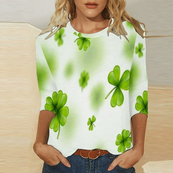 xixinqiwan Green St Patricks Day Shirt for Women,Women Funny Plaid Leopard Shamrock Graphic T-Shirt Vintage Color Block Splicing Long Sleeve Tops