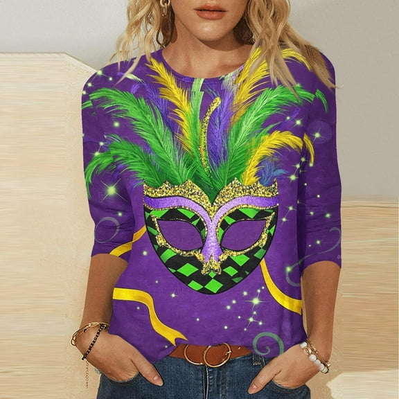 xixinqiwan Happy Mardi Gras Shirt for Women,Carnival Mask Print Round Neck Tops Fat Tuesday Carnival Celebration Party Gift
