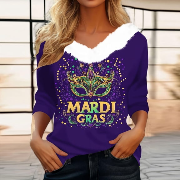 xixinqiwan Happy Mardi Gras Shirt for Women,Women Casual V Neck Loose Blouse Gold Green Purple Masquerade Party Outfit Costume