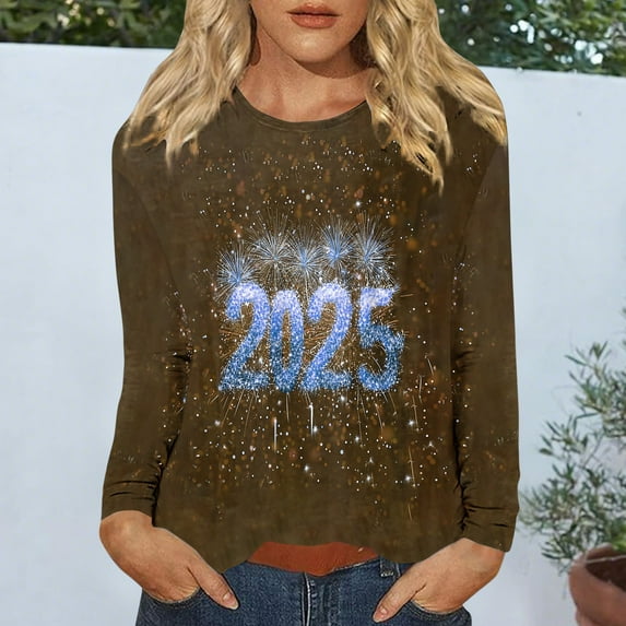 xixinqiwan Happy New Year 2025 T-Shirt for Women,Womens Long Sleeve 2025 Fireworks Printed Shirt Dress Crew Neck Sweatshirt Oversized Holiday Pullover