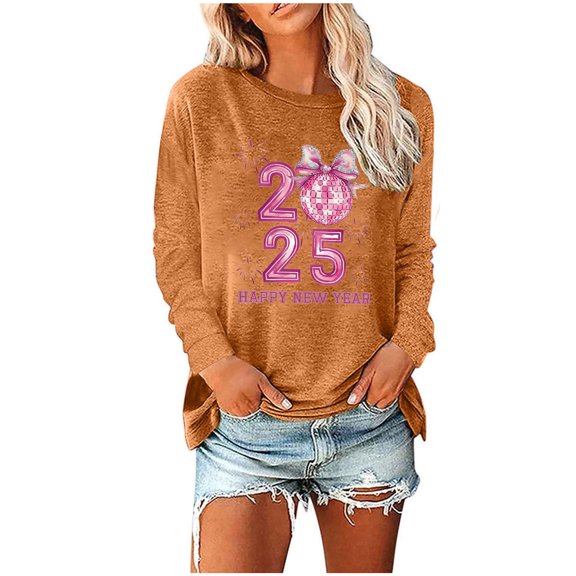 xixinqiwan Happy New Year 2025 T-Shirt,Women's Casual 3/4 Sleeve Round Neck 2025 New Year Printed Graphic Plus Size Tops