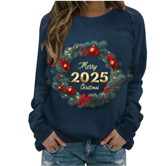 xixinqiwan Happy New Year 2025,Women 2025 Christmas Holiday Pullover Shirts Casual Crewneck Graphic Sweatshirts