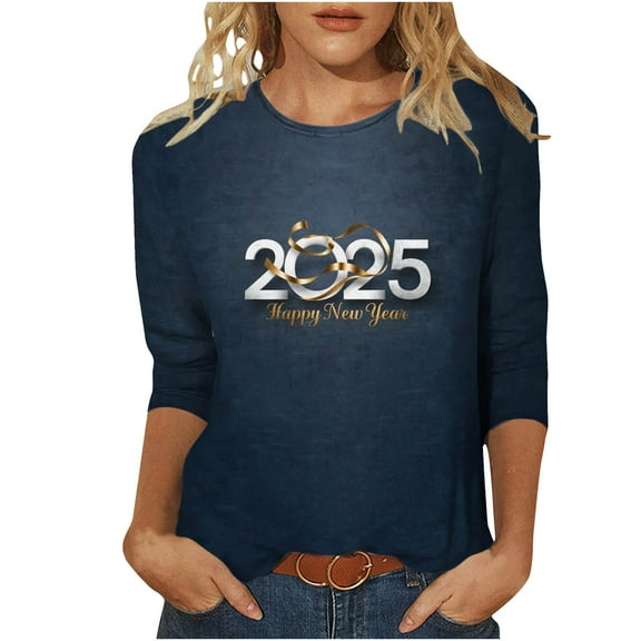 xixinqiwan Happy New Year Christmas Shirts,Women's Casual Long Sleeve Round Neck 2025 New Year Printed Graphic Plus Size Tops