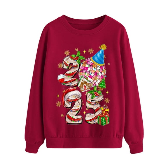 xixinqiwan Happy New Year Shirt for Women,2025 New Year Eve Pullover Tops Crewneck Oversized Holiday Shirts Long Sleeve