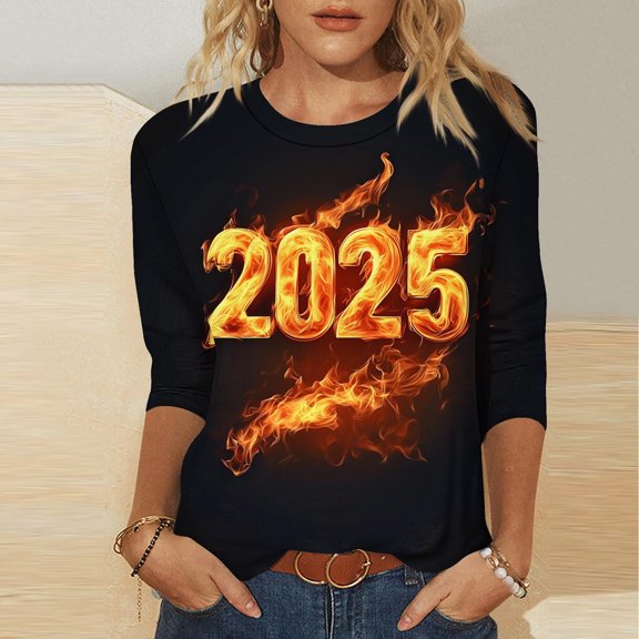 xixinqiwan Happy New Year Shirt for Women,3/4 Sleeve Oversized Christmas Sparkly Shirt Graphic Long Sleeve Pullover Holiday Party Outfit