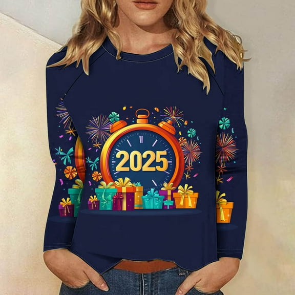 xixinqiwan Happy New Year Shirt for Women,Women Christmas Shirts Oversized Sparkly Shirt Graphic Long Sleeve Pullover Holiday Party Outfit