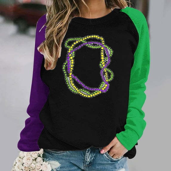 xixinqiwan Mardi Gras Clothing for Women,Women's Mardi Gras Mask Printed Shirts Long Sleeve Blouse Round Neck Casual Tops