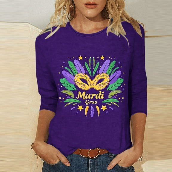xixinqiwan Mardi Gras Shirt for Women,3/4 Sleeve Crew Neck Tops Tunic Gold Green Purple Masquerade Party Outfit