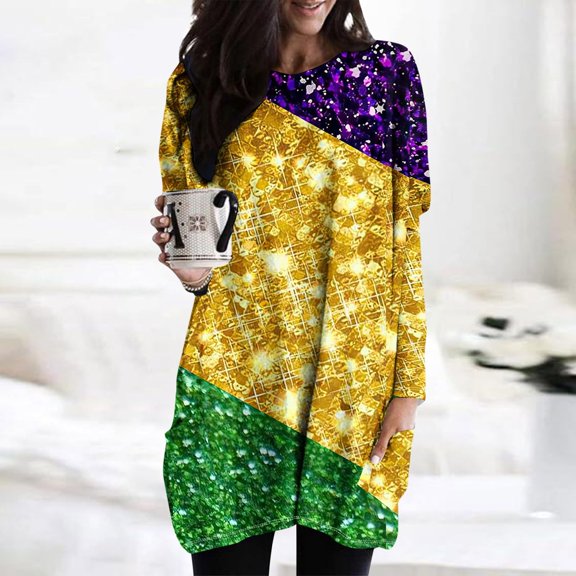 xixinqiwan Mardi Gras Shirt for Women,Carnival Mask Print Crew Neck Tops Fat Tuesday Carnival Celebration Party Gift